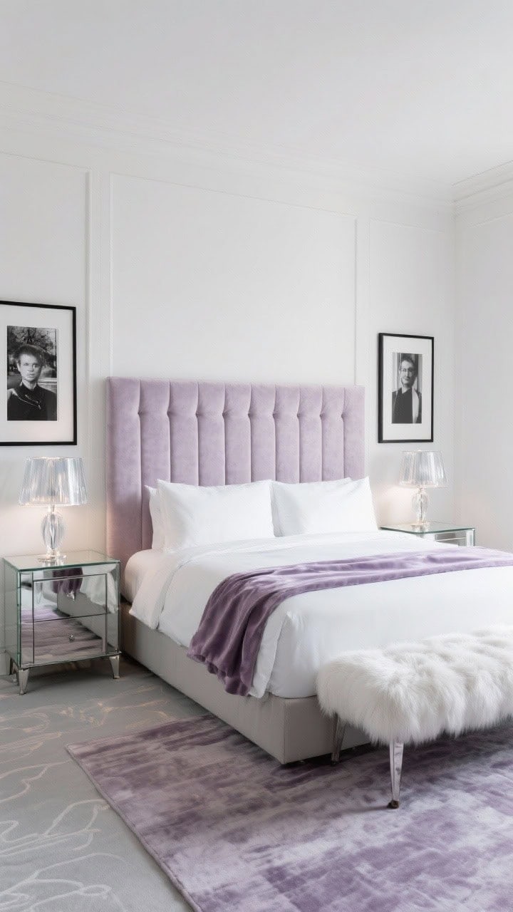 Wide shot, luxe hotel suite: gallery white walls, tall channel-tufted headboard in pale lavender velvet, mirrored glass bedside tables reflecting light; white sateen bedding with lavender silk coverlet folded at end; smoked glass lamps on nightstands, plush white faux-fur bench, pale gray-lavender silk rug; two black-and-white photography prints in black frames; polished, glamorous, hotel-chic glow; photorealistic.