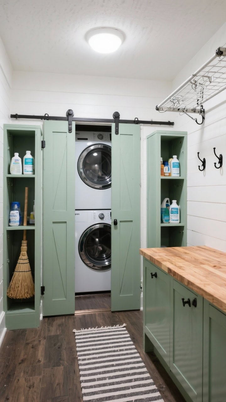 Wide shot, mudroom-laundry combo: painted sliding barn doors (misty green) partially open to reveal stacked washer/dryer; flanking tall storage towers for cleaning supplies and broom closet; butcher-block counter over base cabinets forming a folding zone; black iron hooks along side wall, striped runner on floor; ceiling-mounted drying rack above; bright task lighting, practical and compact.