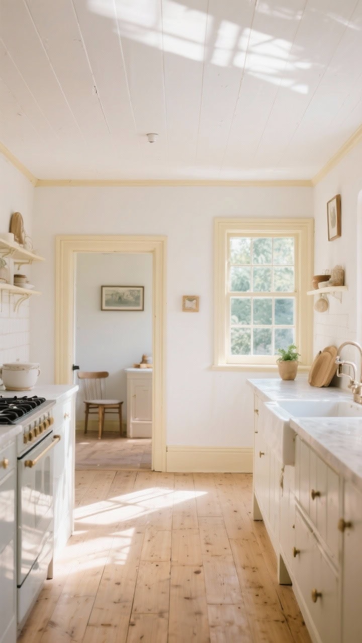Wide shot of a cozy country cottage kitchen bathed in natural morning light, walls painted warm white with creamy undertones, slightly deeper cream trim for subtle depth, bright white ceiling reflecting sunlight, light wood floors, minimal decor, photorealistic, soft sunlit neutrals creating a breezy, bright atmosphere