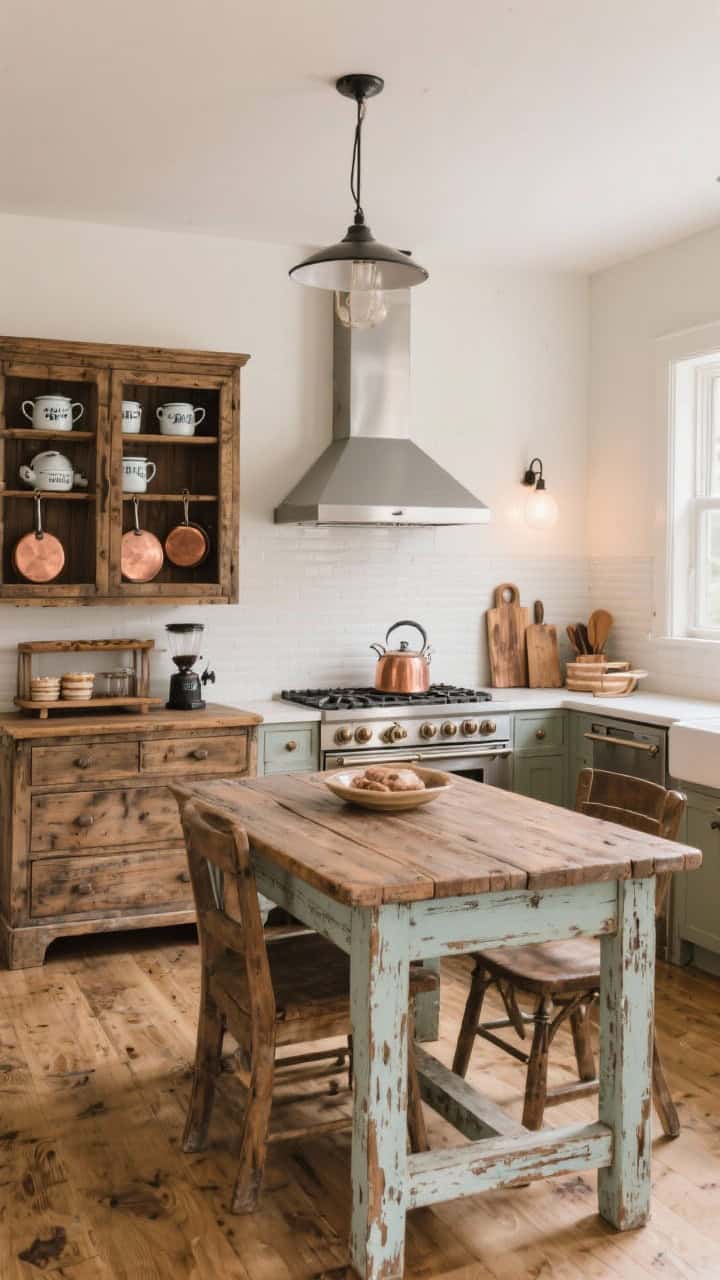 Wide shot of a kitchen mixing vintage and modern: a weathered vintage farmhouse table at center paired with a sleek modern range and hood, inherited wooden hutch styled with enamelware and copper pots, refinished dresser turned into a baking/coffee station, butcher block accents; appliances streamlined to let vintage pieces shine; warm, ambient lighting
