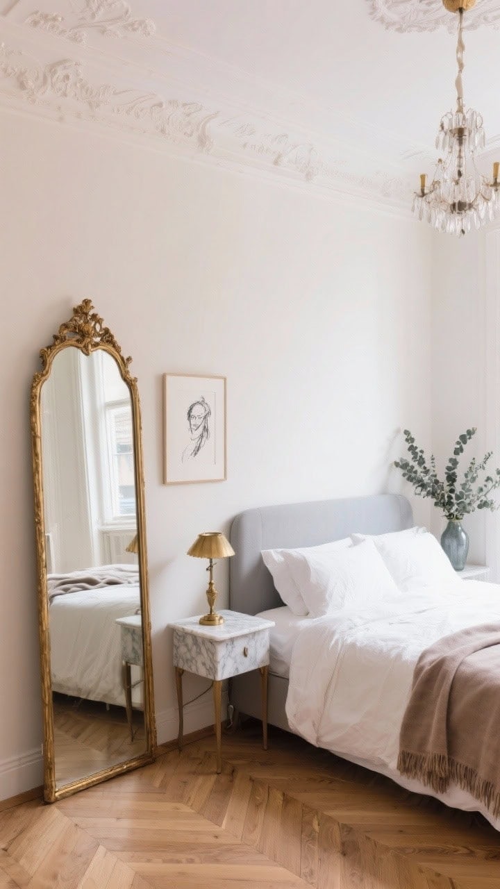 Wide shot, Parisian apartment bedroom: tall arched leaner mirror with an ornate gilded frame reflecting a delicate chandelier; airy ceilings, herringbone oak floors, soft cream walls; bed with crisp white linen, taupe throw, petite marble-topped nightstand holding a vintage brass lamp; framed charcoal sketch and a vase of eucalyptus on the wall/nightstand; soft romantic palette of cream, dove gray, and blush; natural morning light, elegant, airy mood, photorealistic.