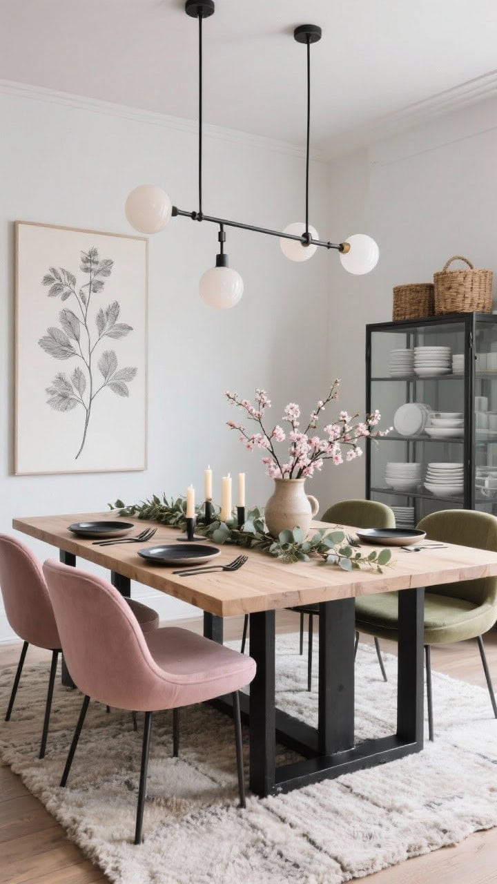 Wide, straight-on “Soft-Industrial Dining Room”: black metal dining table base with pale oak top, surrounded by curved upholstered chairs in blush and olive; overhead linear iron chandelier with milk-glass globes for soft glow; neutral wool rug underfoot; table styled with a long runner of eucalyptus, candles, and a ceramic pitcher of cherry blossoms; contrast place settings: matte black flatware with light stoneware plates; to the side, a glass-front cabinet with stacks of white dishes and woven baskets; a single oversized botanical line drawing on the wall; balanced urban edge and spring softness; photorealistic.