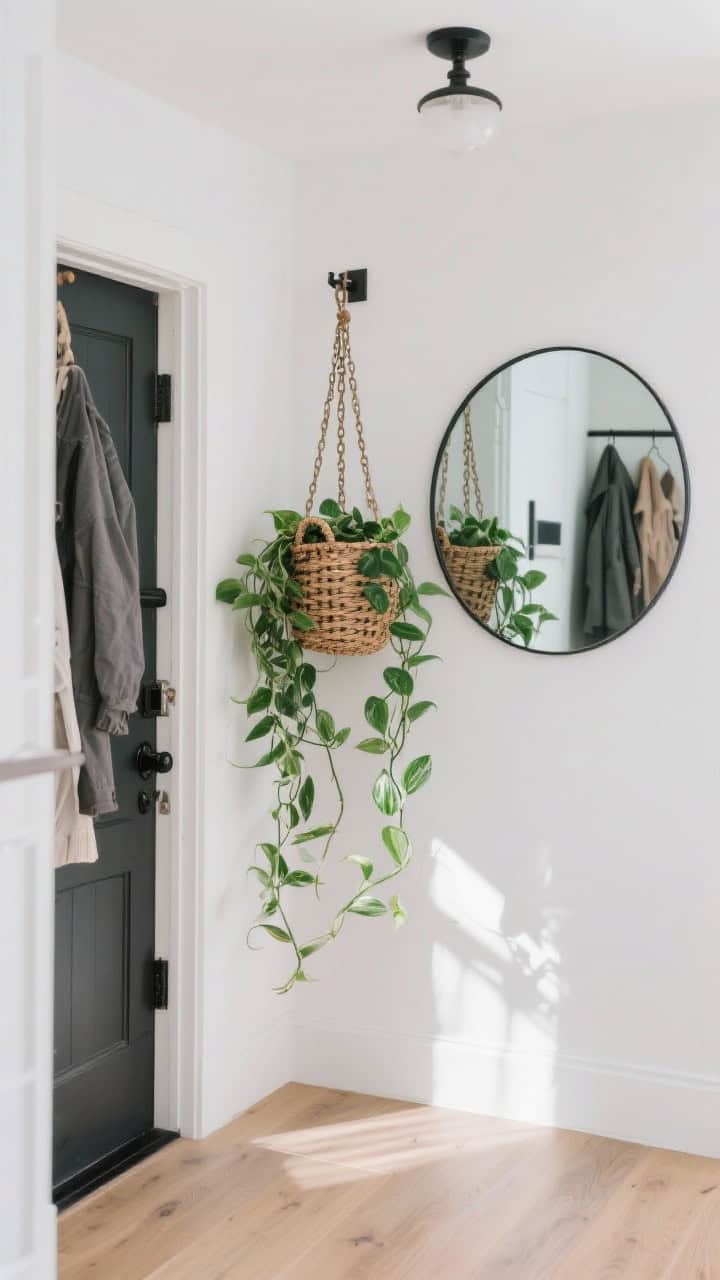 Wide, straight-on shot of a modern entryway with a bold trailing pothos in a statement woven basket hanging by the front door from a ceiling hook with a swag chain; plant centered in the space, high enough to clear coats; a round wall mirror beneath reflects and doubles the greenery; soft natural daylight washes over matte white walls, light wood floor, and black metal hardware; photorealistic, welcoming mood with softened edges.
