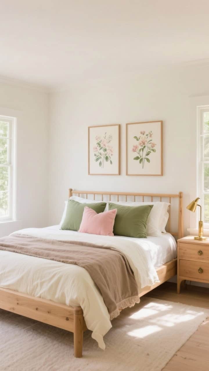 Wide, sunlit bedroom emphasizing a soft, nature-inspired color story: warm white walls with a hint of pale clay, airy natural light, a light oak bed and nightstand, bedding layered in buttercream and mushroom taupe with dusty rose and sage green accent pillows, muted floral print art in thin wooden frames, antique brass pulls and a brushed gold table lamp; overall palette of sage green, buttercream, mushroom taupe, dusty rose; serene, romantic mood.