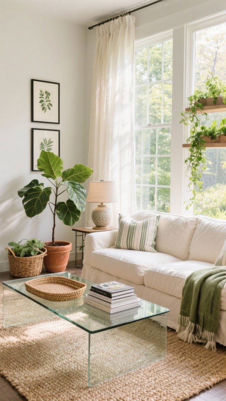 Wide, sunlit living room shot titled “Garden-Glass Living Room”: a warm ivory linen slipcovered sofa facing a transparent glass coffee table styled with a rattan tray and stacked garden photography books; floor-to-ceiling sheer curtains billow at tall windows, soft natural light; palette of sand, oat, and soft white; abundant leafy greens: a fiddle-leaf fig in a terracotta pot by the window, trailing pothos on floating shelves, a small tabletop herb planter; woven jute rug, thin black-framed botanical prints on the wall, ceramic lamp with a linen shade on a side table; a window bench with striped cushions and a basket of throw blankets in sage and moss; photorealistic, airy, fresh spring mood.