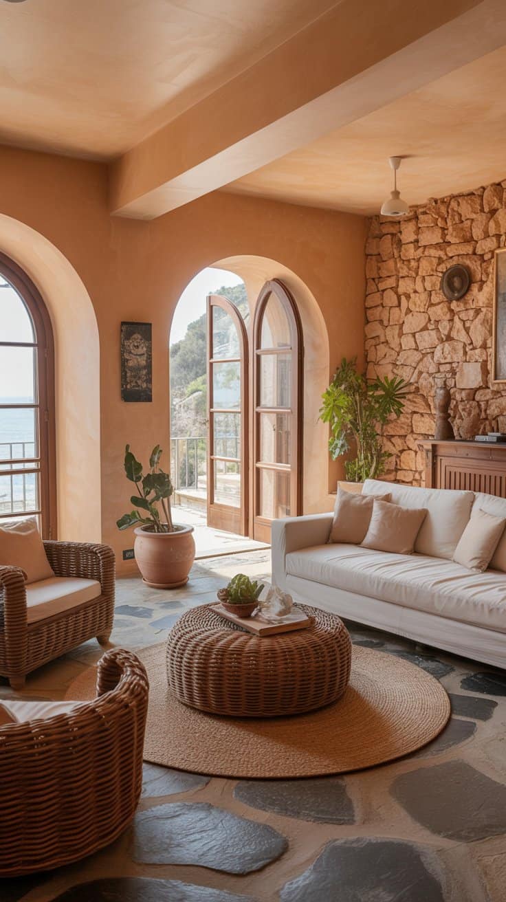 Luxurious Mediterranean-style living room with arched window and doorways, terracotta walls, exposed stone, white leather sofa, woven rattan ottomans on a jute rug, potted plants, and warm natural tones with sunlit terrace views.