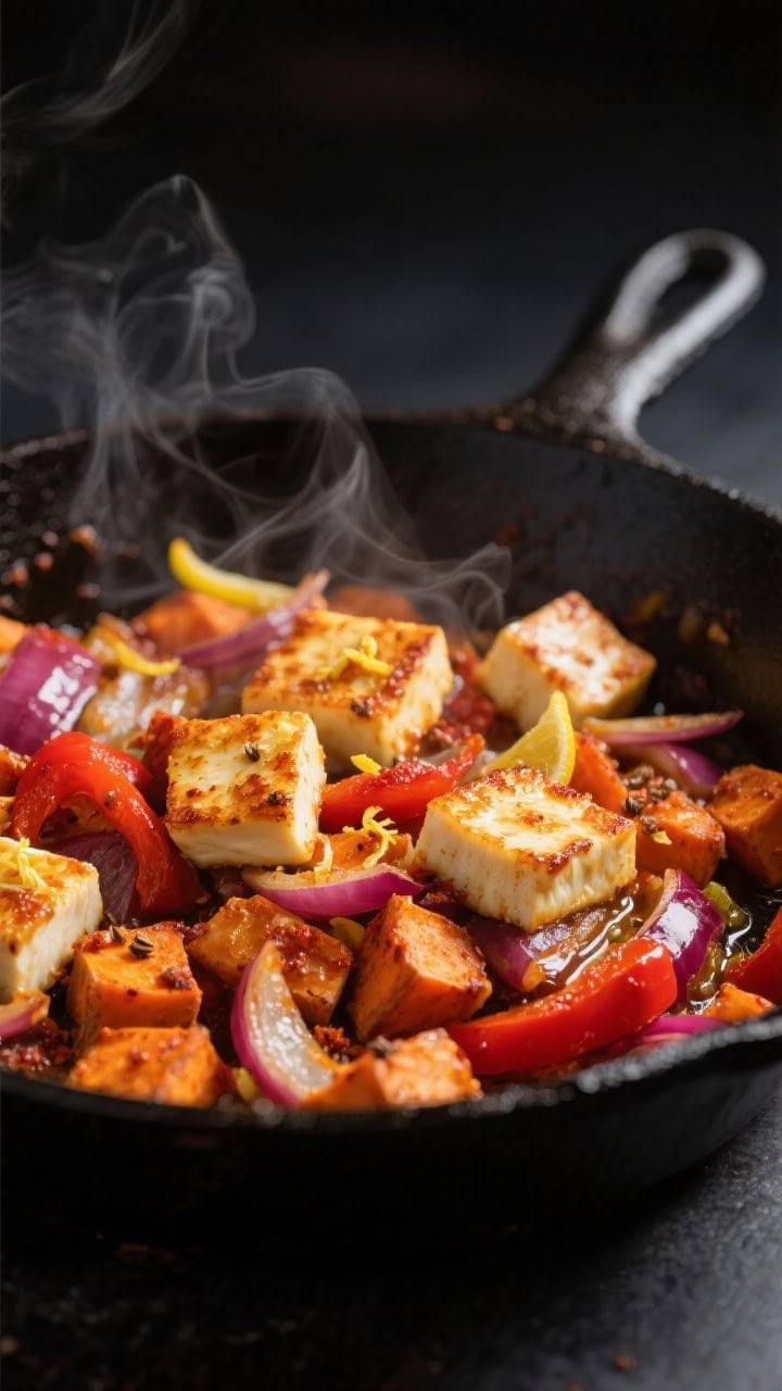 Close-up detail: A cast-iron skillet mid-cook with the harissa-coated sweet potato hash and golden-s