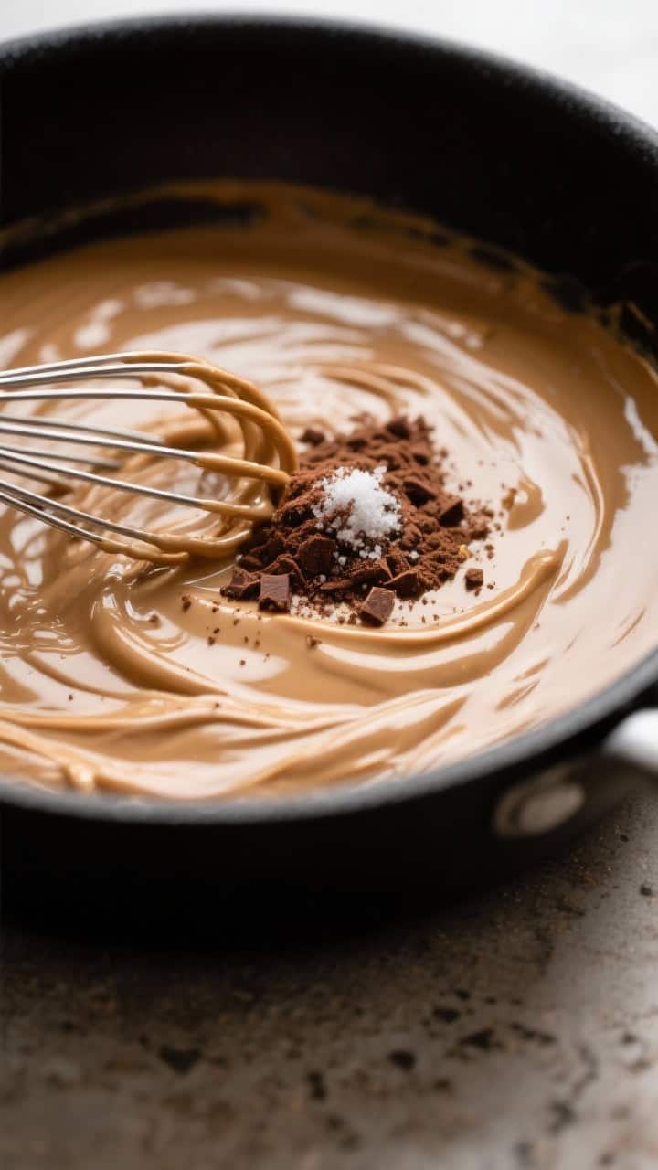 Close-up detail: A glossy pool of melted peanut butter–coconut oil–butter mixture just after whi