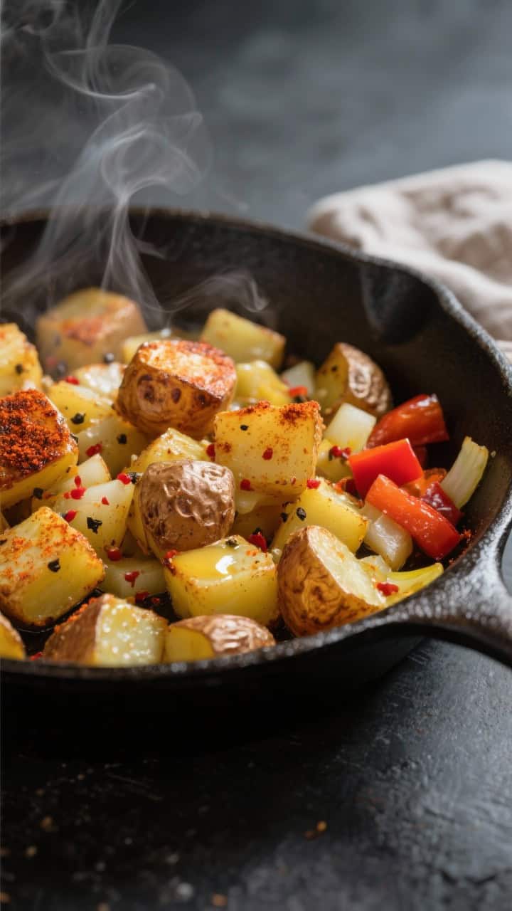 Close-up detail: Cast-iron skillet potatoes mid-cook, golden-crisp 1/2-inch cubes tossed with a shim