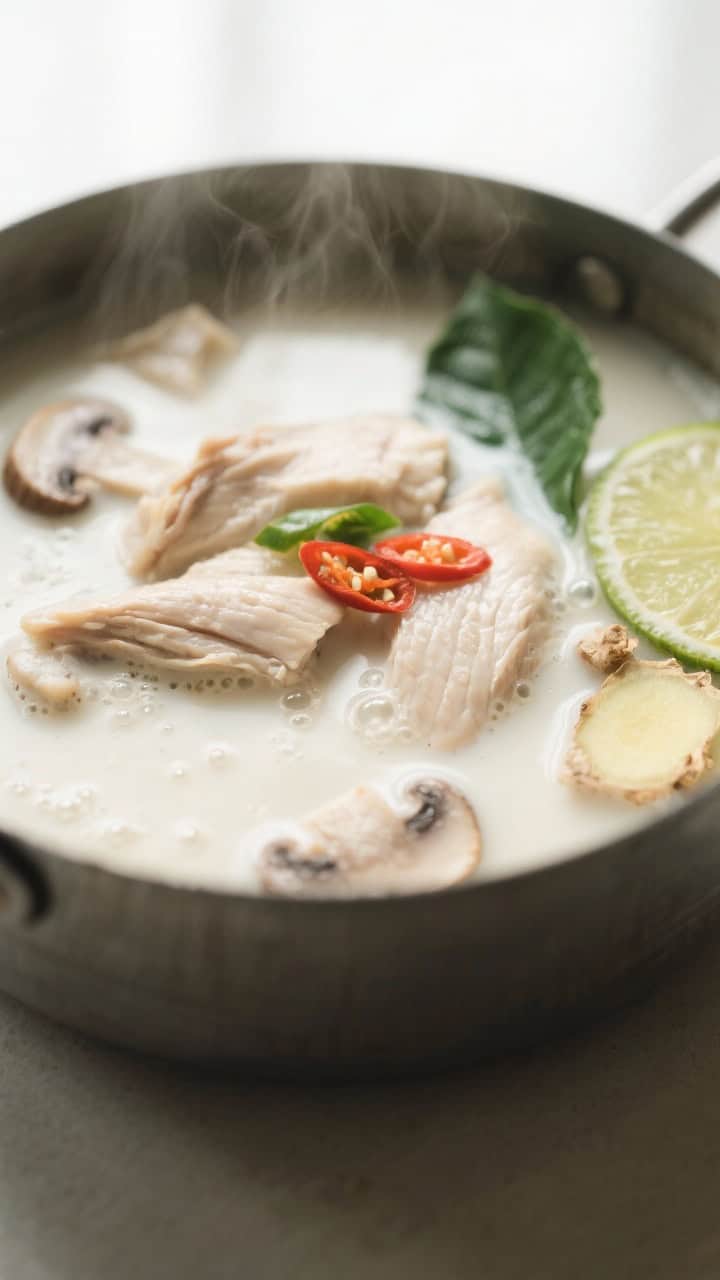 Close-up detail: Creamy Tom Kha Gai simmering gently in a pot, coconut milk silky and unbroken with