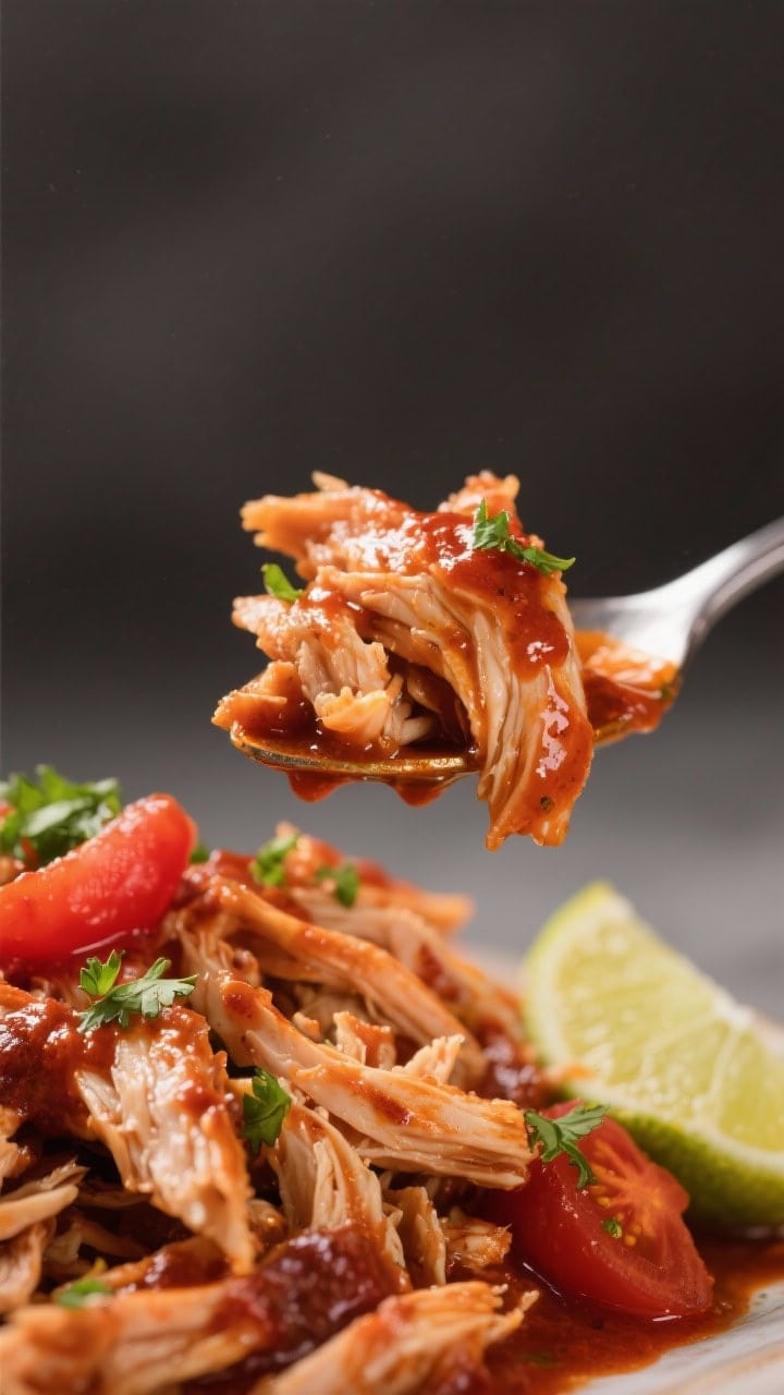 Close-up detail: Freshly shredded chicken glistening as it’s folded back into the reduced sauce; j
