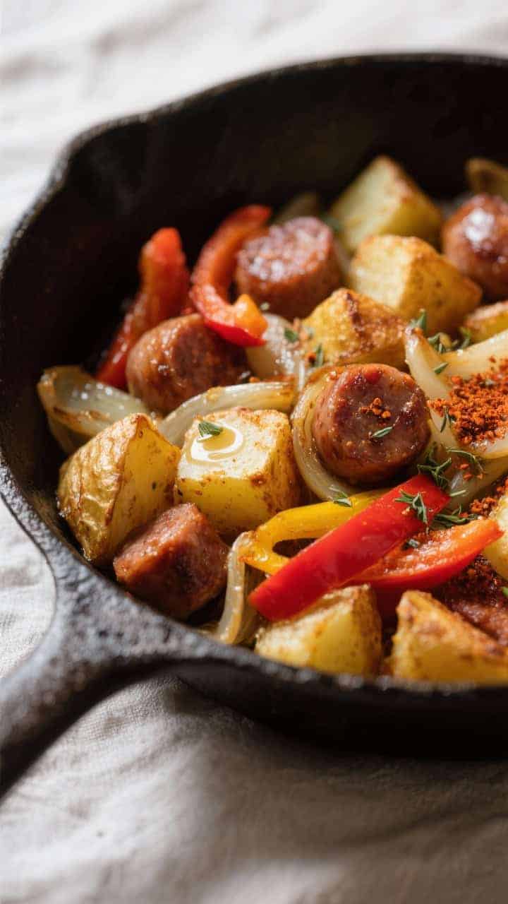 Close-up detail: Golden, crispy potato cubes and browned breakfast sausage nestled with caramelized 