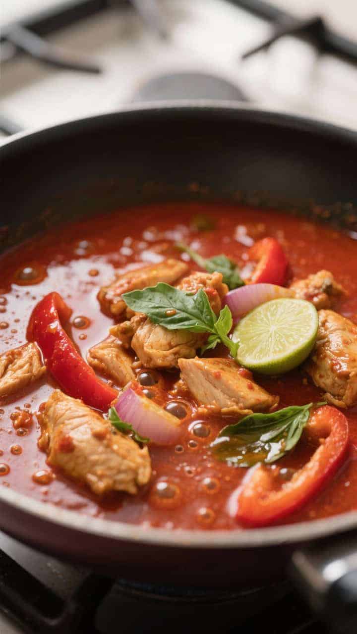 Close-up detail shot: Thai red chicken curry simmering gently in a shallow skillet, glossy full-fat 