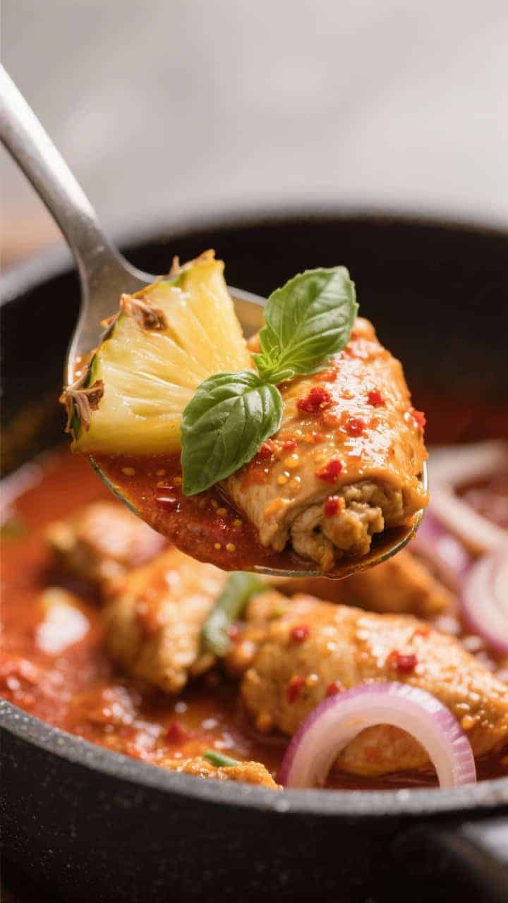 Close-up detail: Spoonful of cooked curry lifted above the pot, showing juicy pineapple chunk presse