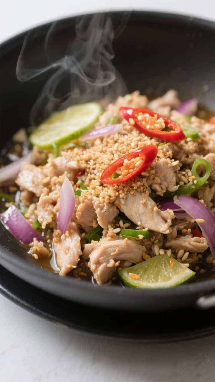 Close-up detail: Steaming-hot minced chicken larb just off the heat, glistening with lime juice and 