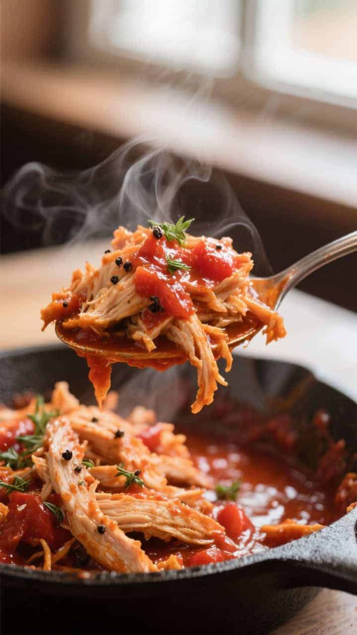 Close-up detail: Tender shredded Mexican pulled chicken glistening in a thick, brick-red sauce made 
