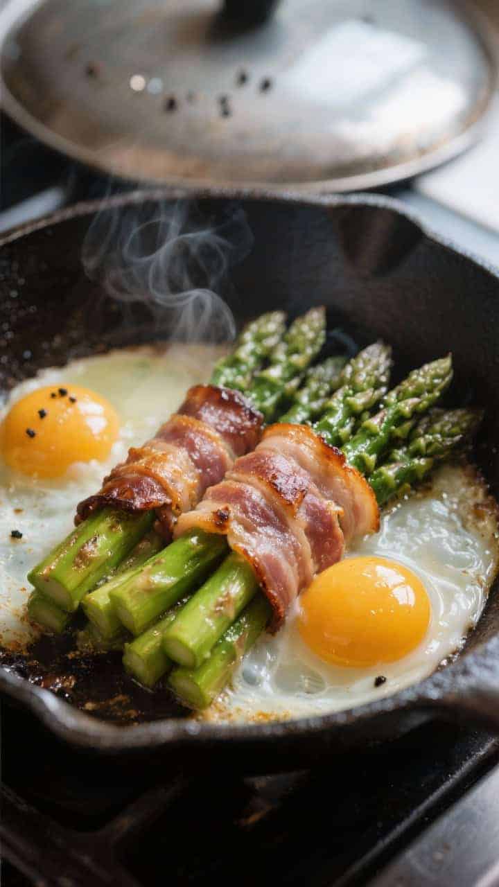 Cooking process close-up: Bacon-wrapped asparagus bundles sizzling in a heavy skillet, seam-side dow