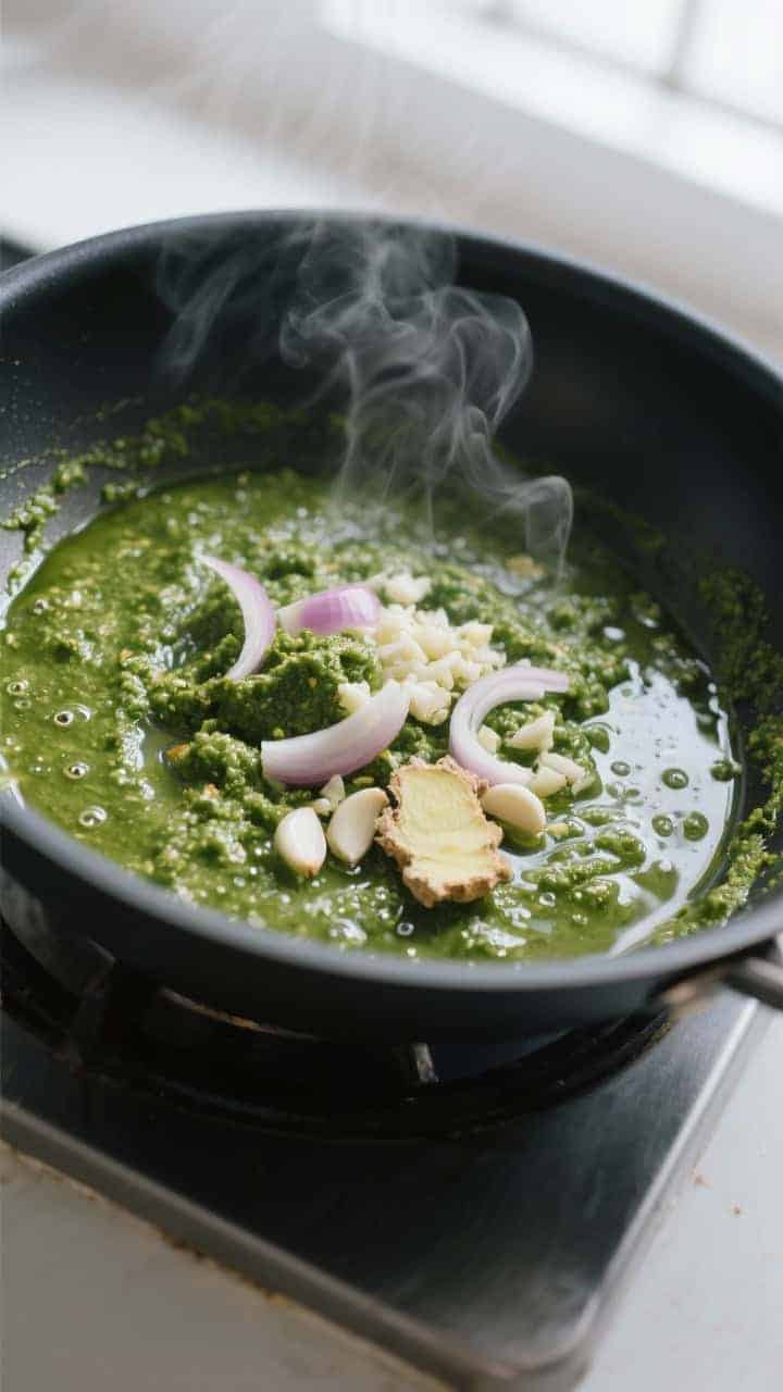 Cooking process close-up: Green curry paste blooming in a shallow skillet, gently sizzling in glossy