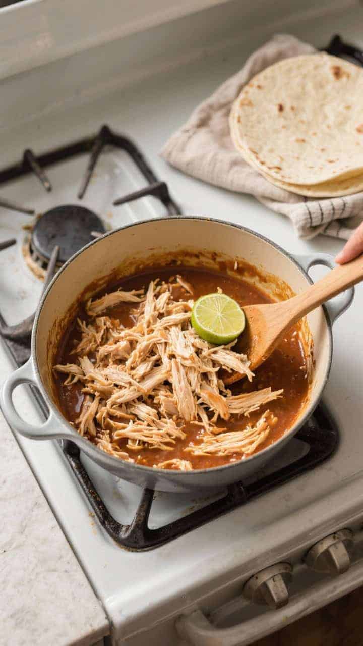 Cooking process: Overhead shot of shredded chicken being folded back into a simmering reduced sauce 