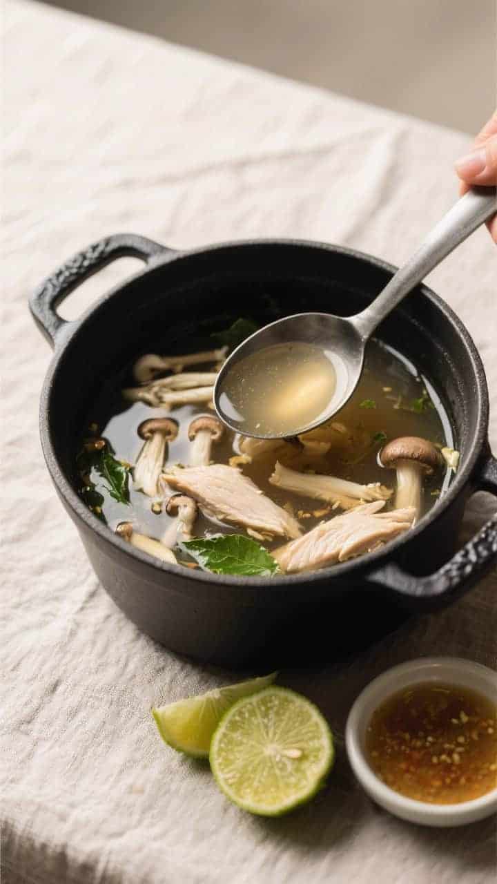 Cooking process: Overhead shot of the soup right after seasoning, ladle mid-dip revealing glossy bro