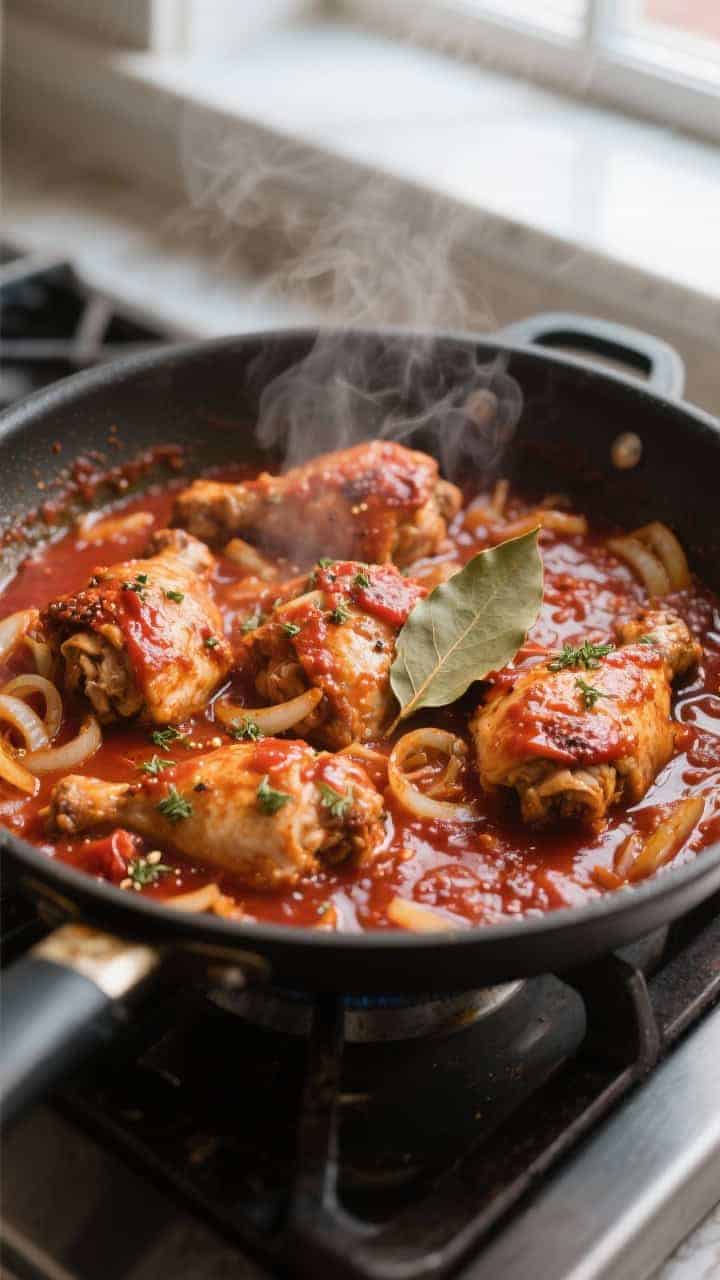 Cooking process: Saucy Mexican pulled chicken simmering gently in a wide, shallow skillet; tender ch