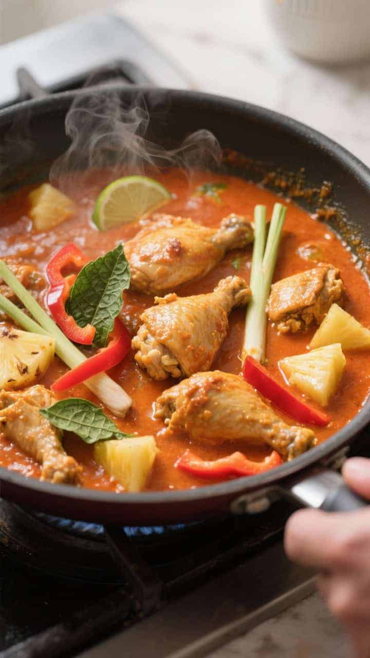 Cooking process: Thai Pineapple Chicken Curry mid-simmer in a wide skillet, red-orange coconut curry