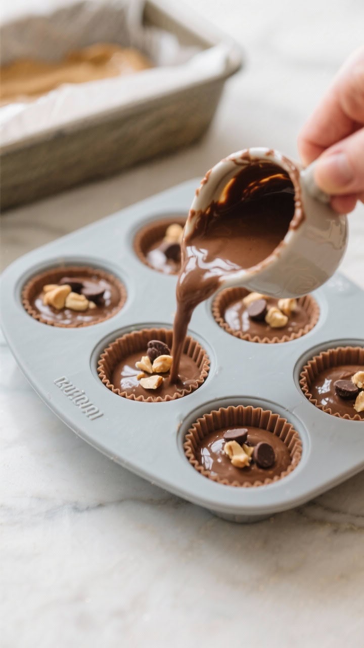 Cooking process: The chocolate-peanut butter fat bomb mixture being poured from a small jug into a s