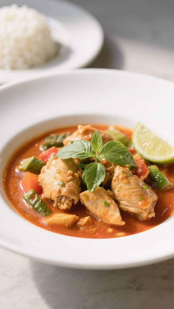 Final dish beauty shot: Three-quarter angle hero image of Thai red chicken curry served in a wide wh