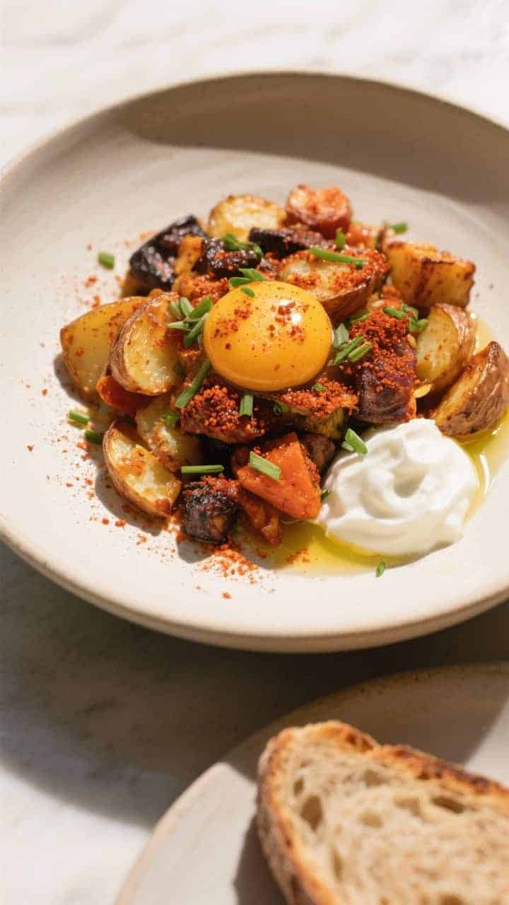Final dish presentation: Beautifully plated serving of the smoky breakfast skillet in a wide, off-wh