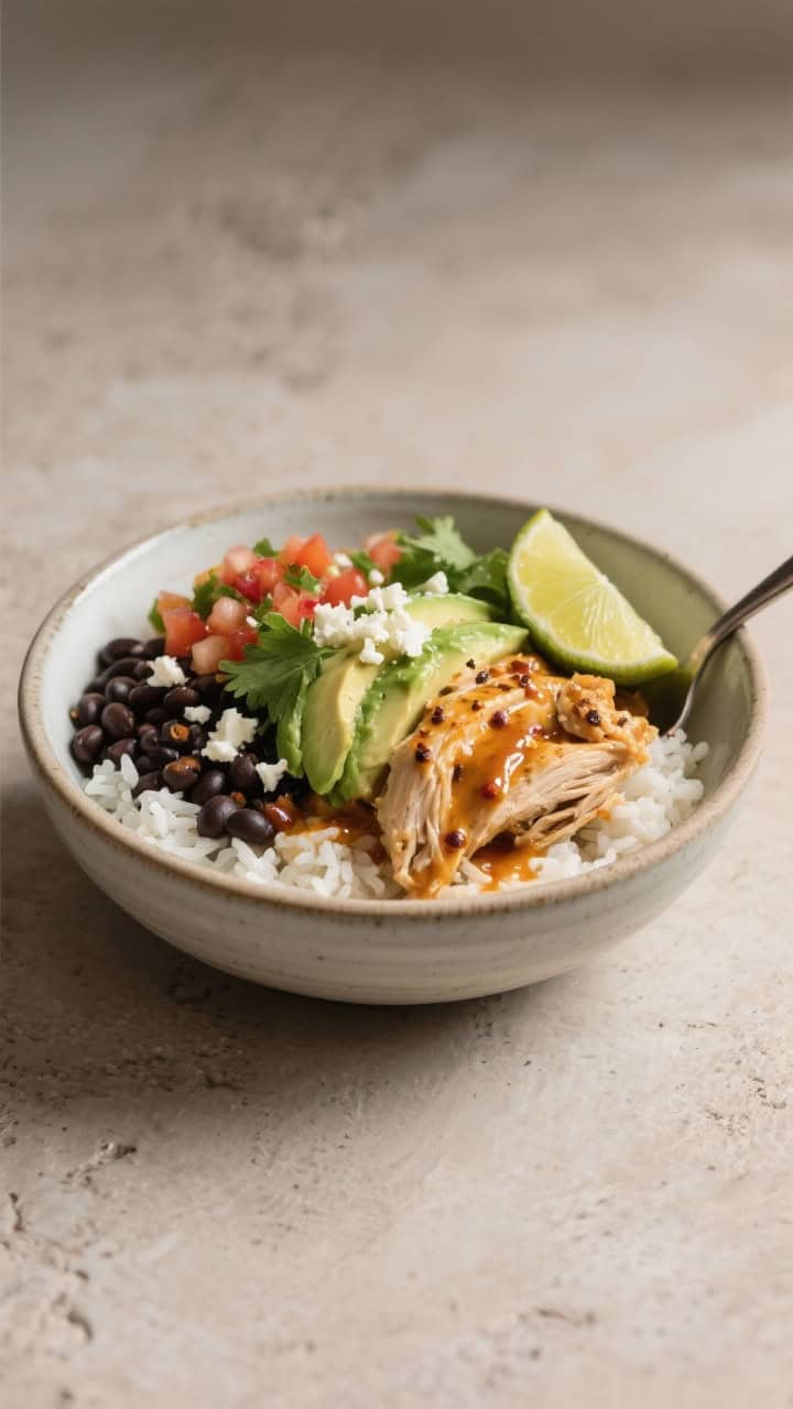 Final dish presentation: Restaurant-quality burrito bowl with Mexican pulled chicken over fluffy whi
