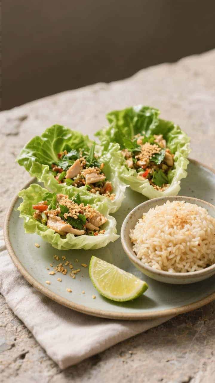 Final dish presentation: Restaurant-quality lettuce cups filled with chicken larb, herbs vibrant and