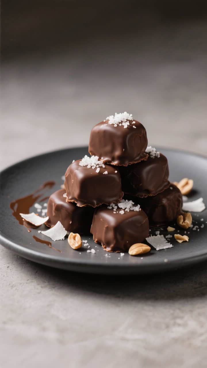 Final dish presentation: Restaurant-quality plating of several fat bombs stacked and staggered on a 