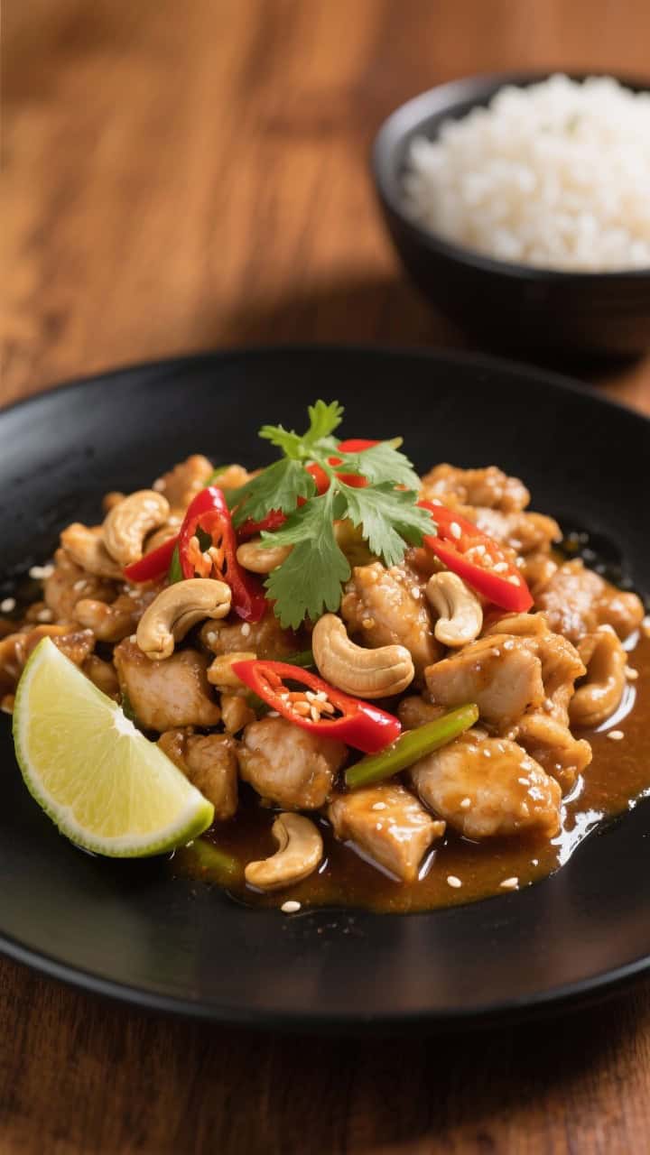 Final dish presentation: Restaurant-quality plating of Thai Cashew Chicken as a stand-alone entrée 