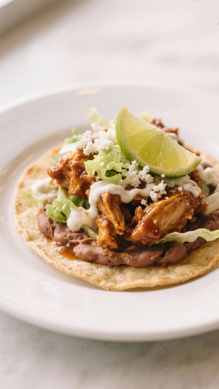 Final dish presentation: Tinga tostadas plated restaurant-style on a white ceramic plate—crisp tos