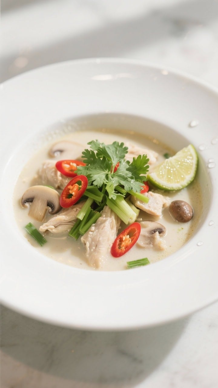 Final dish: Restaurant-quality bowl of Tom Kha Gai plated in a wide white bowl, garnished with fresh