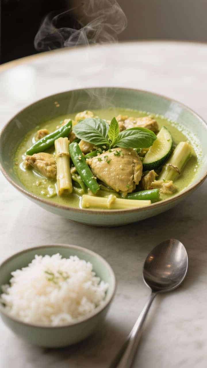 Final plated beauty: Restaurant-quality presentation of Thai green chicken curry served family-style
