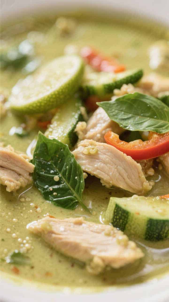 Saucy detail macro: Tender strips of chicken simmering in silky coconut green curry, kaffir lime lea