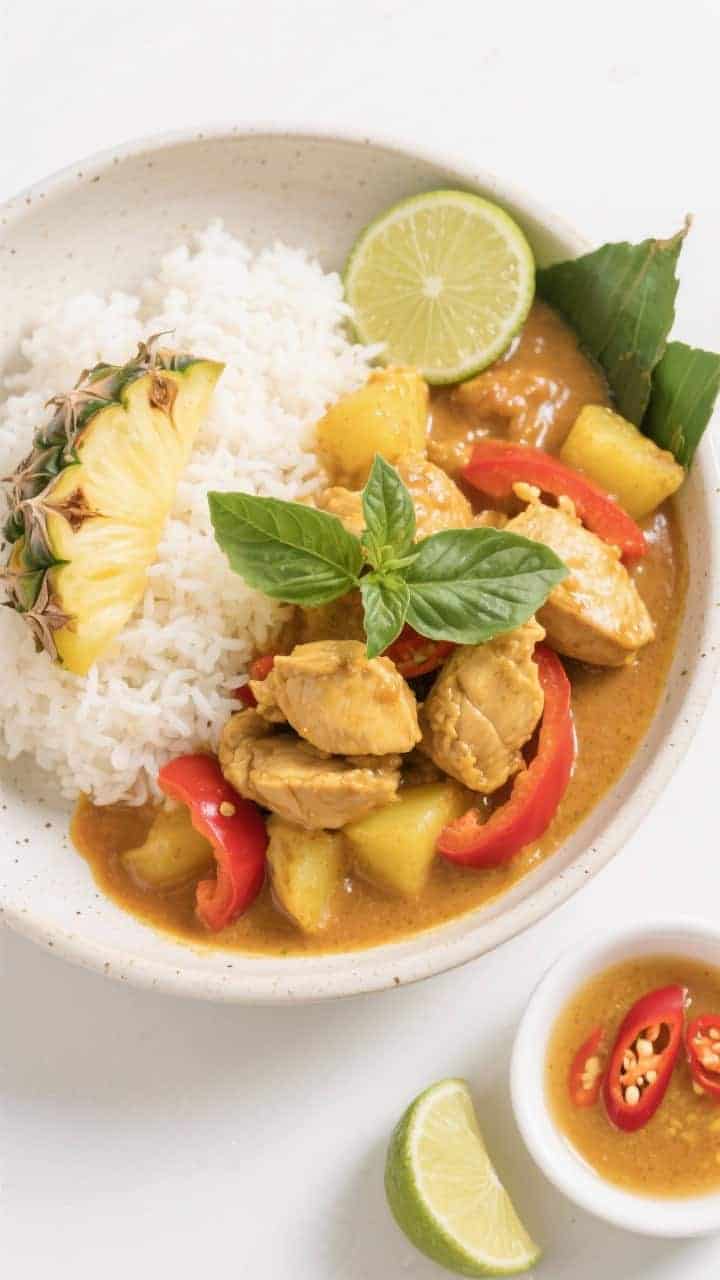Tasty top view: Overhead shot of a shallow bowl of Thai Pineapple Chicken Curry served over fluffy j