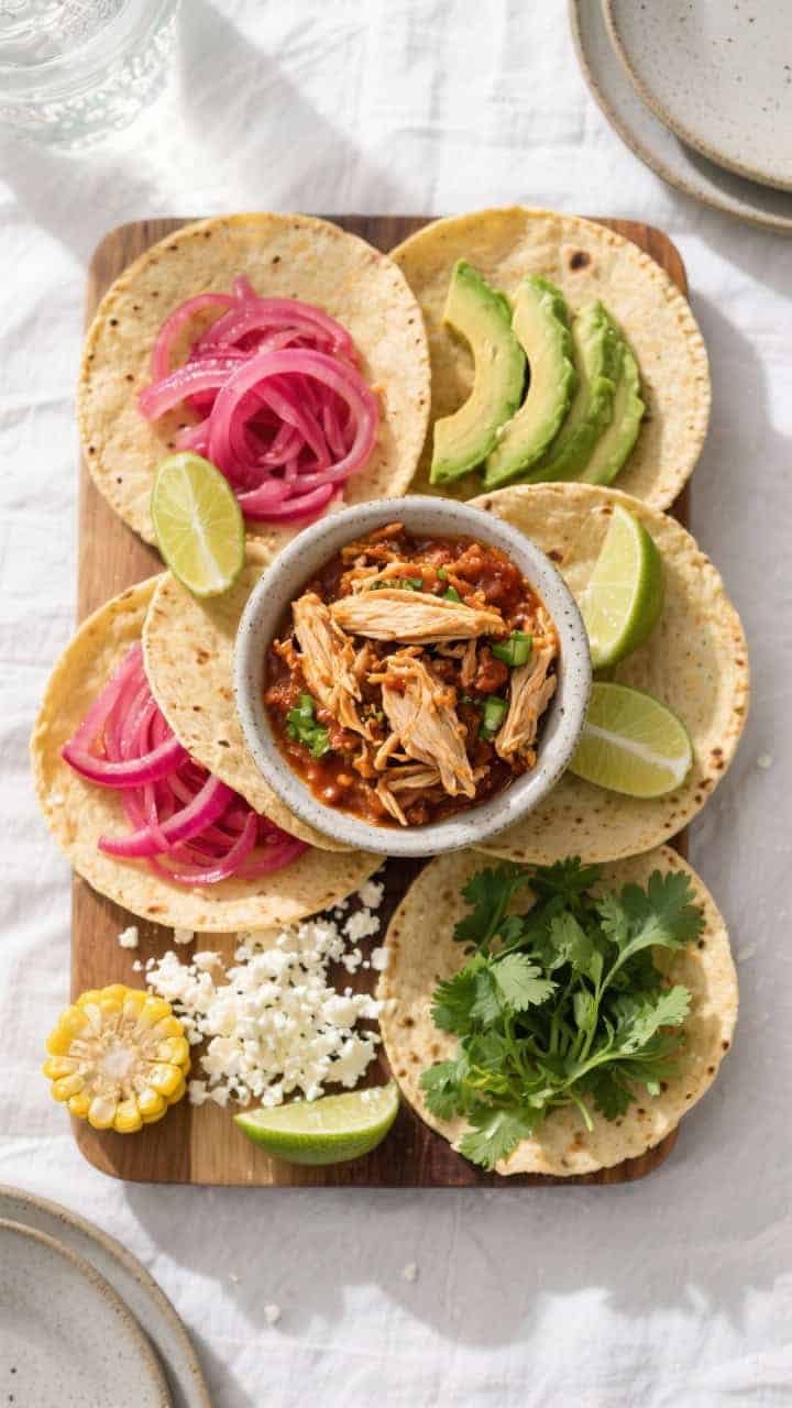 Tasty top view: Overhead shot of a taco board featuring the finished Mexican pulled chicken as the c