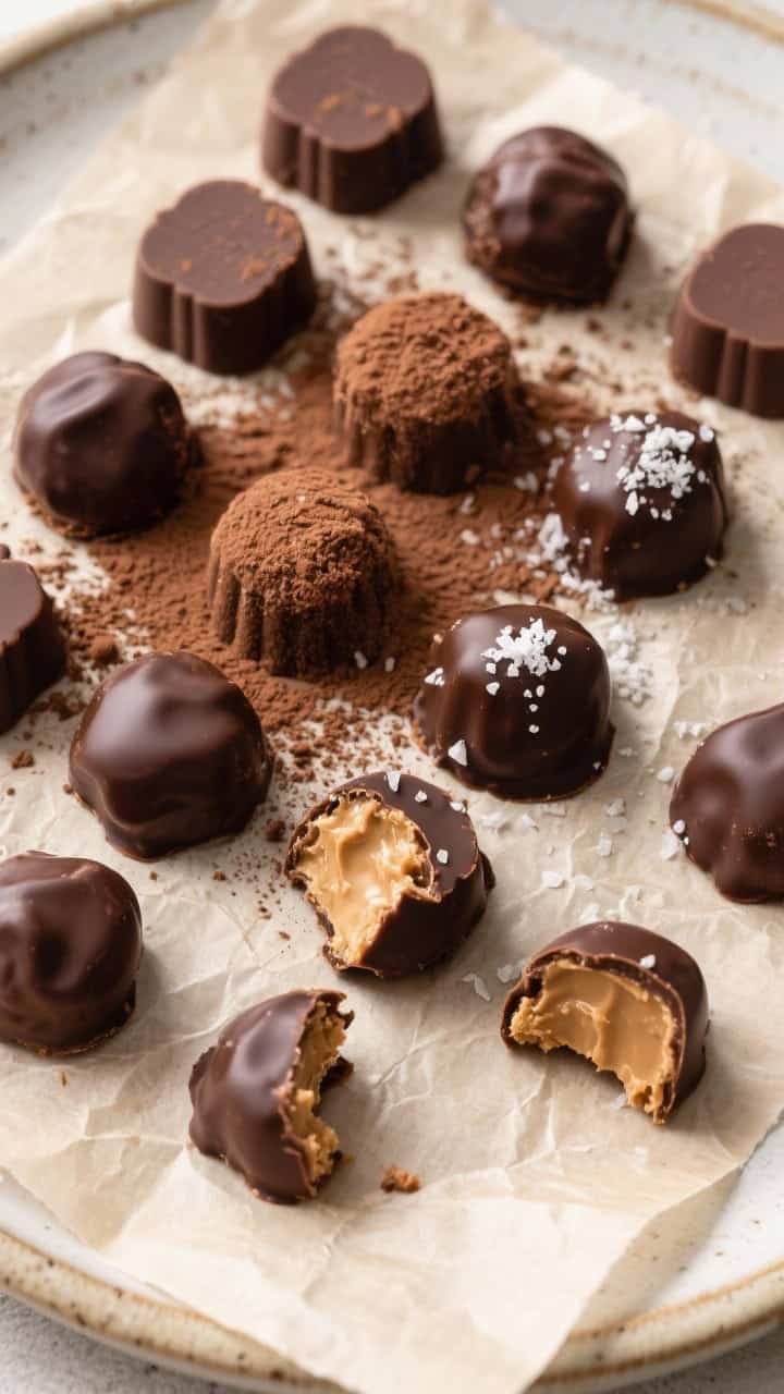 Tasty top view: Overhead shot of fully set keto peanut butter chocolate fat bombs popped from silico