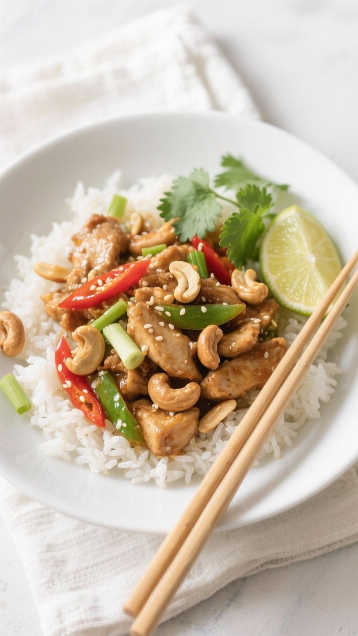 Tasty top view: Overhead shot of Thai Cashew Chicken served over fluffy jasmine rice in a wide white