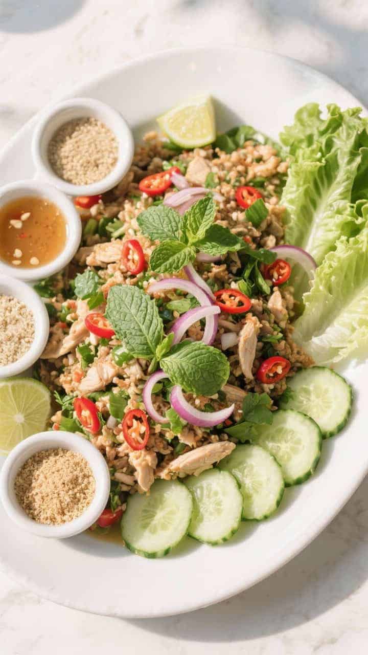 Tasty top view: Overhead shot of Thai Chicken Larb served family-style on a wide white platter, gene