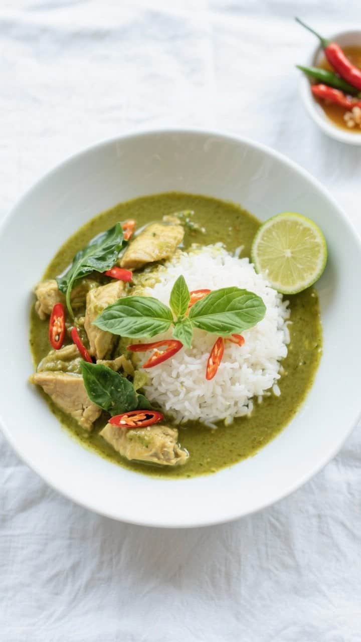 Tasty top view: Overhead shot of Thai green chicken curry ladled over fluffy jasmine rice in a wide 