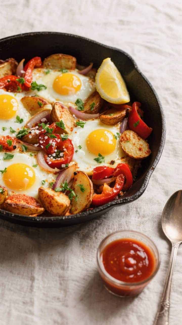 Tasty top view: Overhead shot of the finished smoky breakfast skillet—paprika potatoes folded with