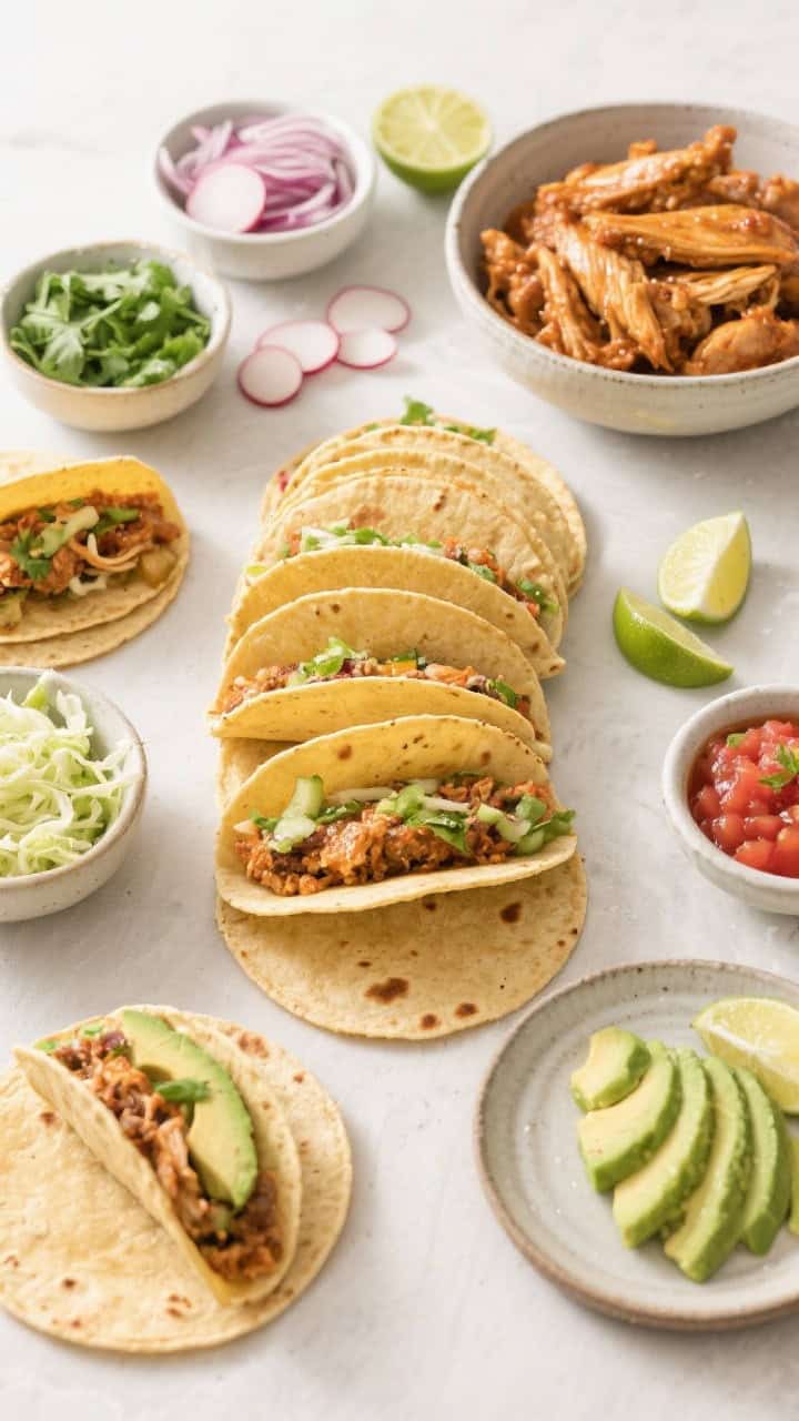 Tasty top view: Overhead taco spread for a weeknight dinner—12 warm tortillas in a stack, a shallo