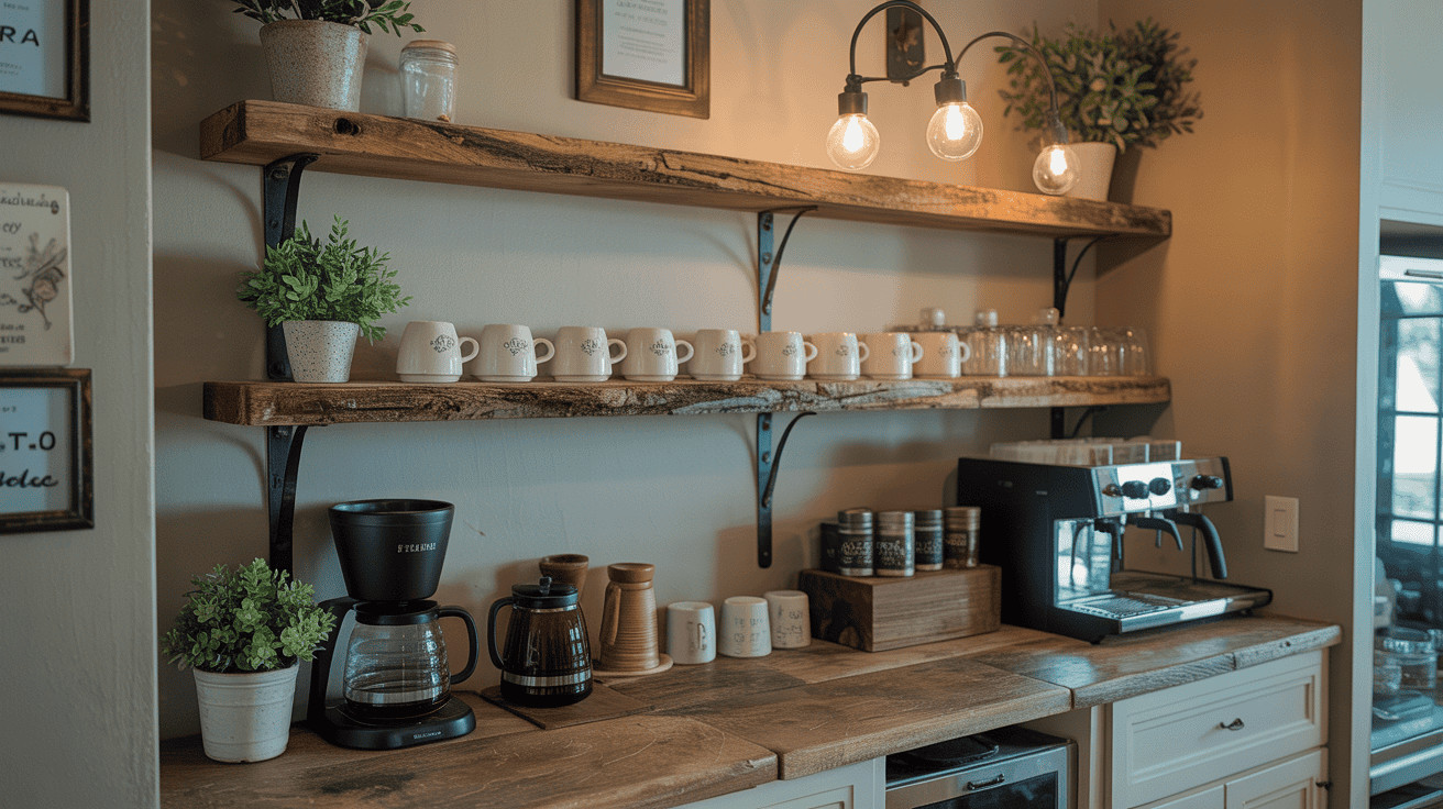 Rustic coffee bar with reclaimed wood shelves displaying mugs and coffee accessories
