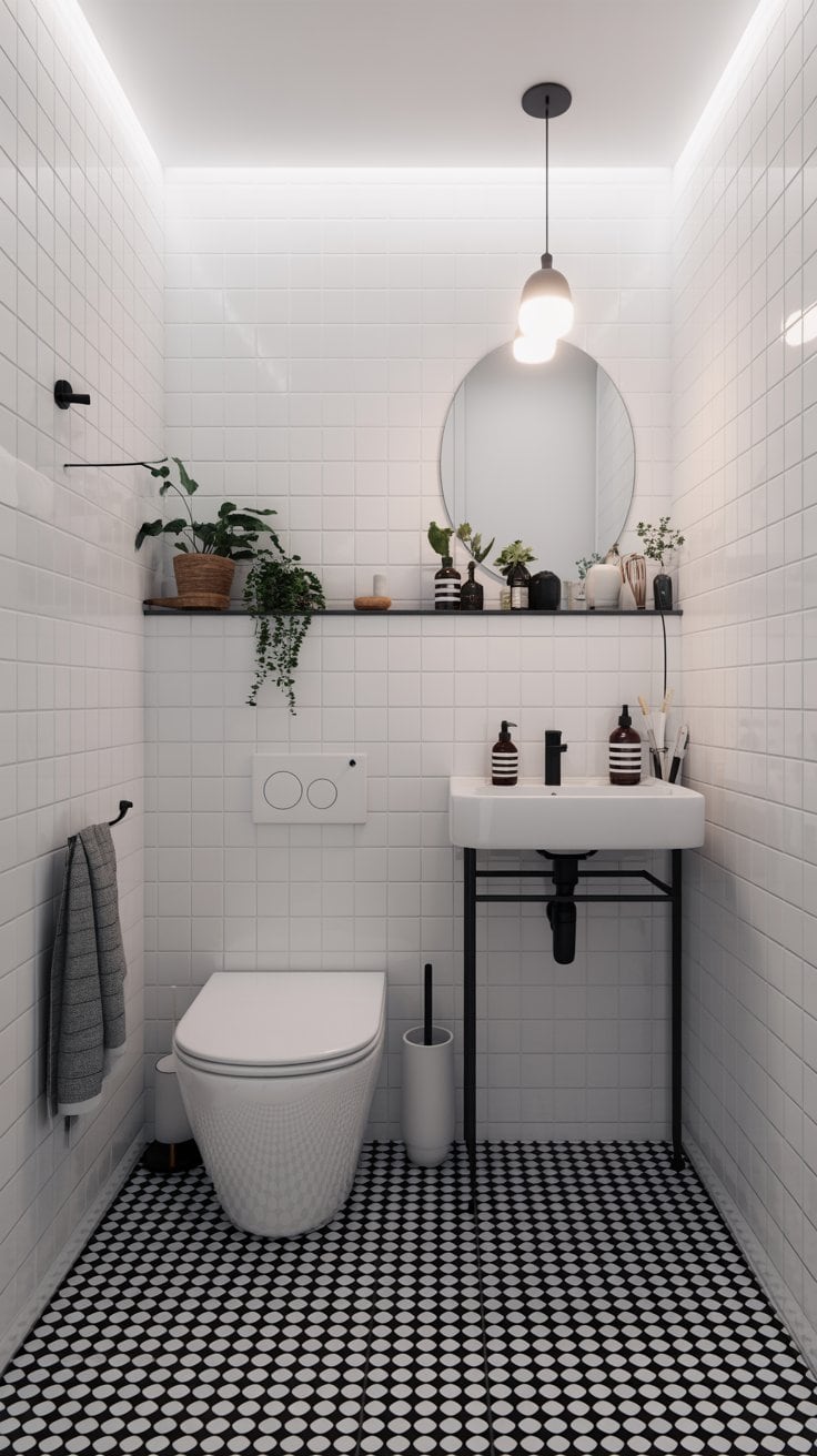 Scandinavian-style small bathroom with black-and-white grid tile pattern Scandinavian-style small bathroom with black-and-white grid tile pattern