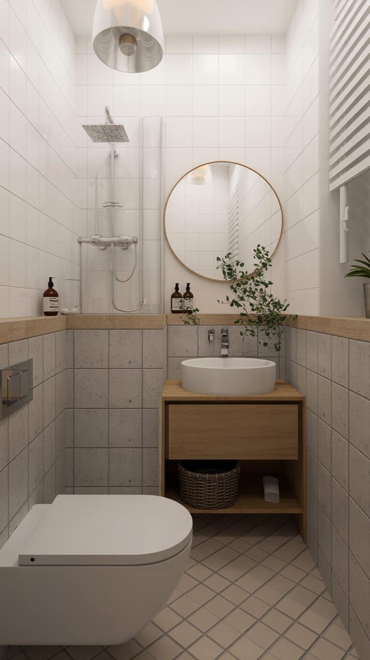 Scandinavian-style small bathroom with concrete-look tiles and warm wood elements Scandinavian-style small bathroom with concrete-look tiles and warm wood elements