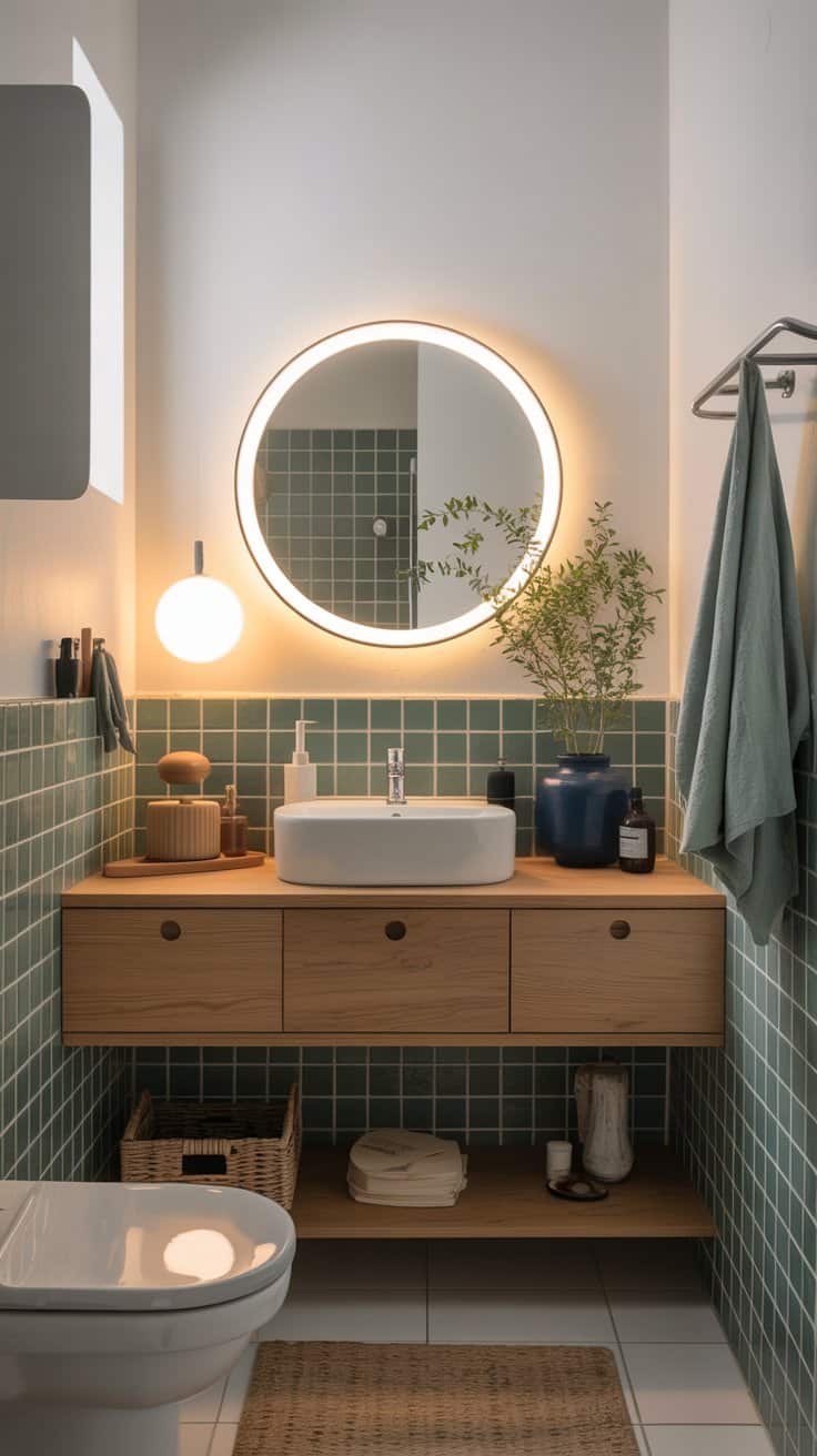 Scandinavian-style small bathroom with rounded mirror and soft shapes Scandinavian-style small bathroom with rounded mirror and soft shapes