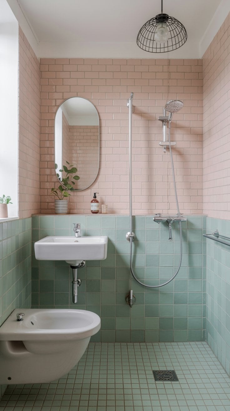 Scandinavian-style small bathroom with soft pastel tile accents Scandinavian-style small bathroom with soft pastel tile accents